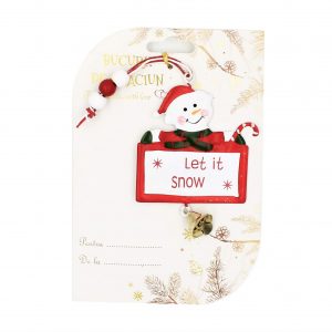 Decorațiune alb cu roșu, din metal, om de zăpadă, cu clopoțel - Let it snow