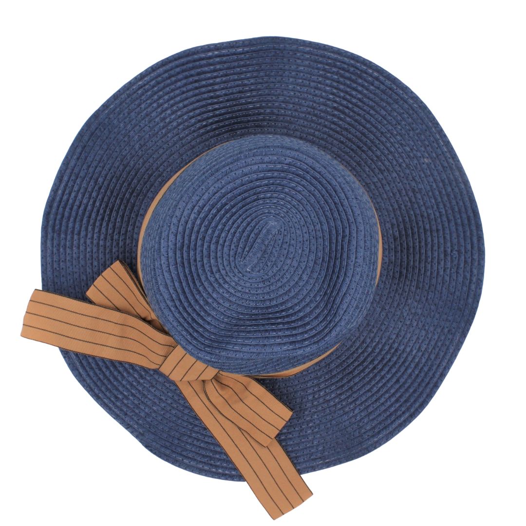 Pălărie plajă damă albastră cu fundă maro