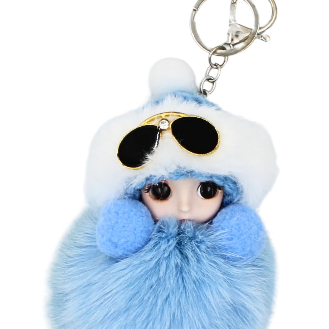 Breloc puf bleu model bebeluș cu ochelari