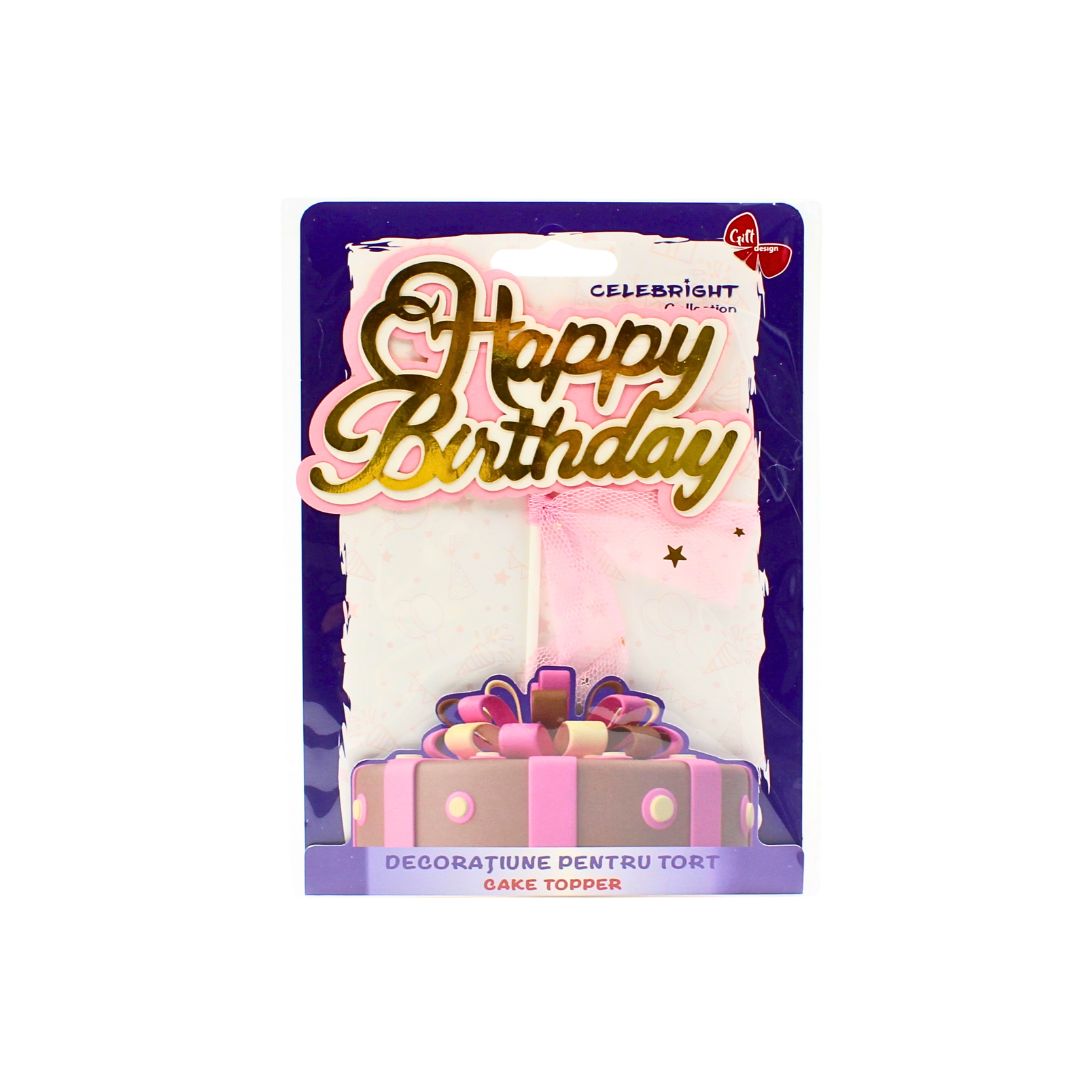 Cake Topper tort model Happy Birthday fundiță roz